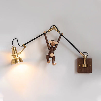 Traditional Vintage Retractable Pole Round Trapezoidal Iron Wood Glass 1-Light Wall Sconce Lamp For Bedroom