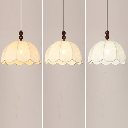 Traditional French Round Wavy Edge Hardware Solid Wood Floral Printed Fabric Shade 1-Light Pendant Light For Living Room