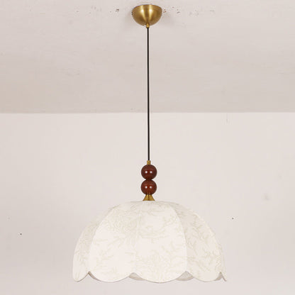Traditional French Round Wavy Edge Hardware Solid Wood Floral Printed Fabric Shade 1-Light Pendant Light For Living Room