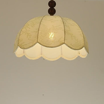 Traditional French Round Wavy Edge Hardware Solid Wood Floral Printed Fabric Shade 1-Light Pendant Light For Living Room