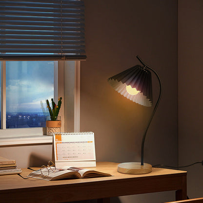 Modern Minimalist Long Pole Round Pleated Fabric Iron Solid Wood Base 1-Light Table Lamp For Bedroom