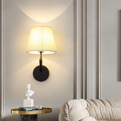 Modern Minimalist Round Cylinder Stripe Fabric Shade Hardware 1-Light Wall Sconce Lamp For Living Room