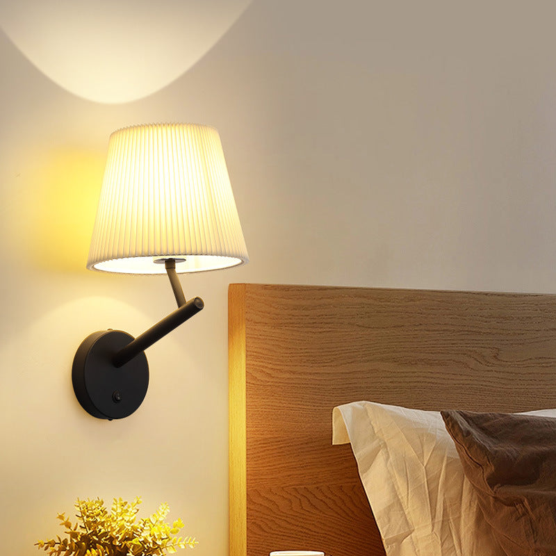 Modern Minimalist Round Cylinder Stripe Fabric Shade Hardware 1-Light Wall Sconce Lamp For Living Room