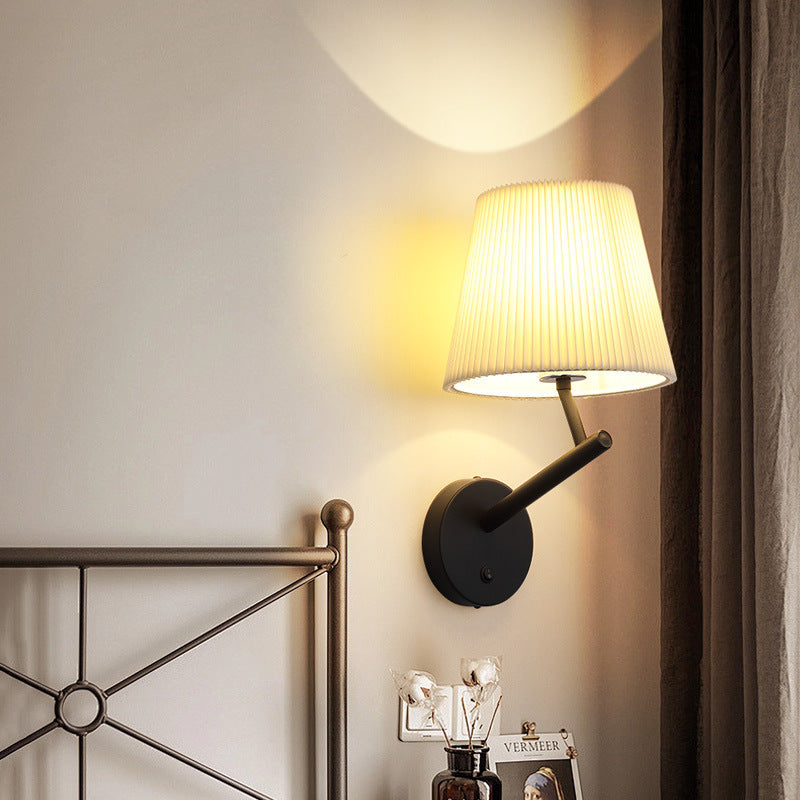 Modern Minimalist Round Cylinder Stripe Fabric Shade Hardware 1-Light Wall Sconce Lamp For Living Room