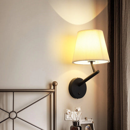 Modern Minimalist Round Cylinder Stripe Fabric Shade Hardware 1-Light Wall Sconce Lamp For Living Room