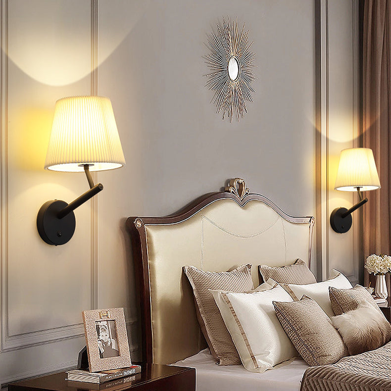 Modern Minimalist Round Cylinder Stripe Fabric Shade Hardware 1-Light Wall Sconce Lamp For Living Room