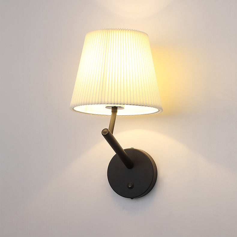 Modern Minimalist Round Cylinder Stripe Fabric Shade Hardware 1-Light Wall Sconce Lamp For Living Room