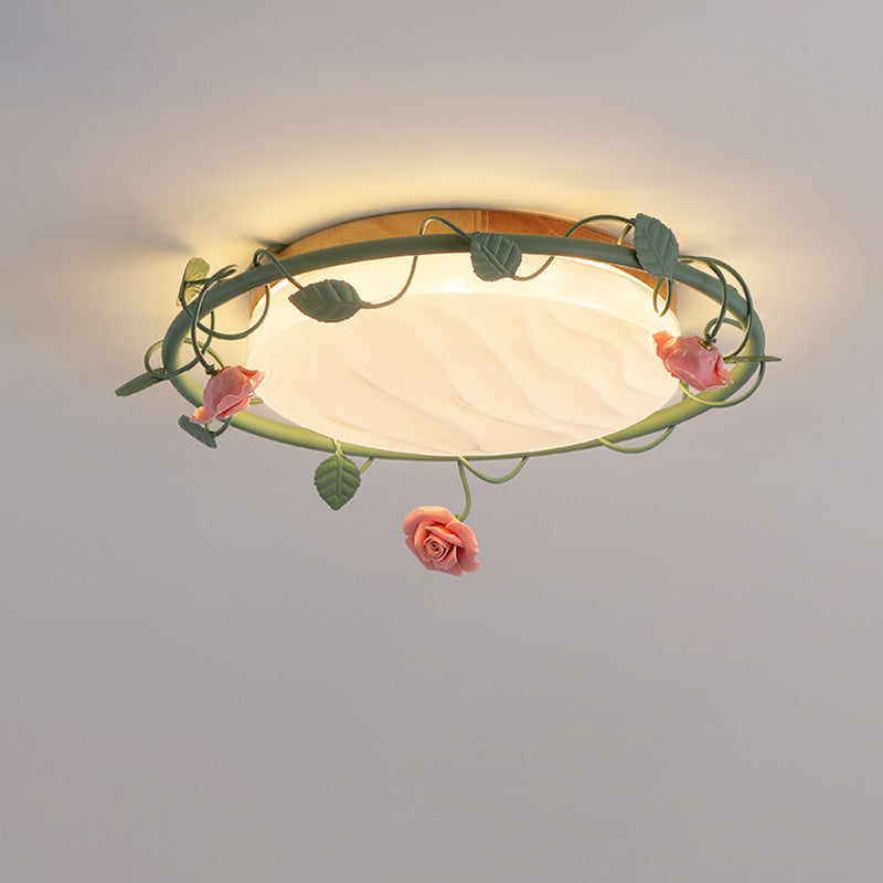 Contemporary Creative Round Rose Vine Rubberwood Base Iron Acrylic Ceramic LED Flush Mount Ceiling Light For Living Room