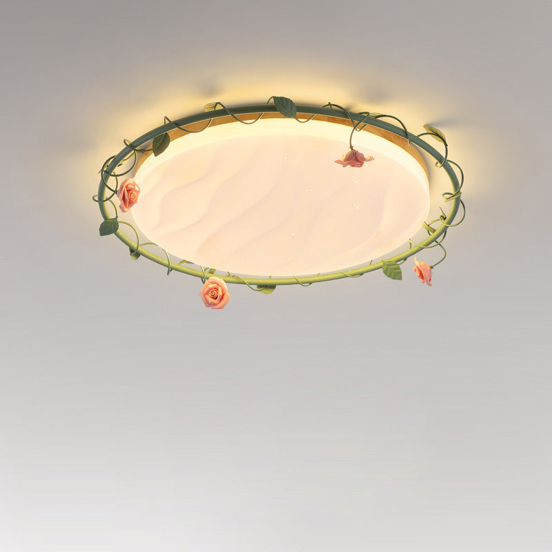 Contemporary Creative Round Rose Vine Rubberwood Base Iron Acrylic Ceramic LED Flush Mount Ceiling Light For Living Room