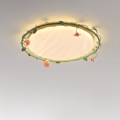 Contemporary Creative Round Rose Vine Rubberwood Base Iron Acrylic Ceramic LED Flush Mount Ceiling Light For Living Room