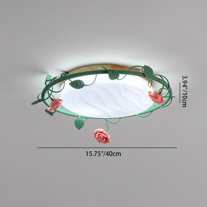 Contemporary Creative Round Rose Vine Rubberwood Base Iron Acrylic Ceramic LED Flush Mount Ceiling Light For Living Room