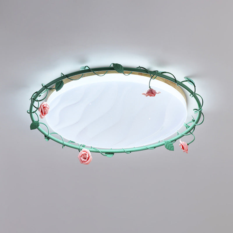 Contemporary Creative Round Rose Vine Rubberwood Base Iron Acrylic Ceramic LED Flush Mount Ceiling Light For Living Room