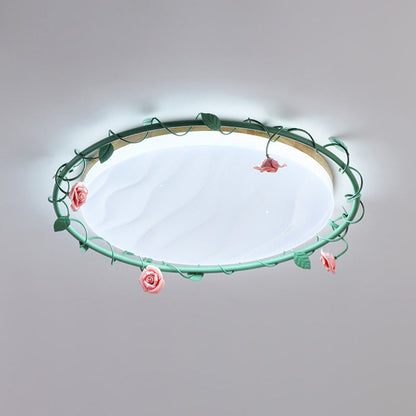 Contemporary Creative Round Rose Vine Rubberwood Base Iron Acrylic Ceramic LED Flush Mount Ceiling Light For Living Room