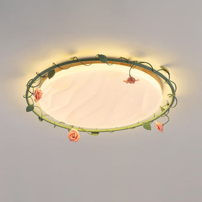 Contemporary Creative Round Rose Vine Rubberwood Base Iron Acrylic Ceramic LED Flush Mount Ceiling Light For Living Room