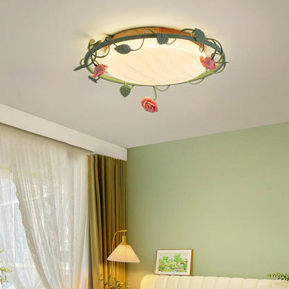 Contemporary Creative Round Rose Vine Rubberwood Base Iron Acrylic Ceramic LED Flush Mount Ceiling Light For Living Room