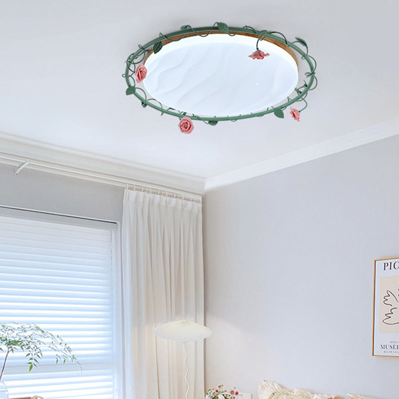 Contemporary Creative Round Rose Vine Rubberwood Base Iron Acrylic Ceramic LED Flush Mount Ceiling Light For Living Room