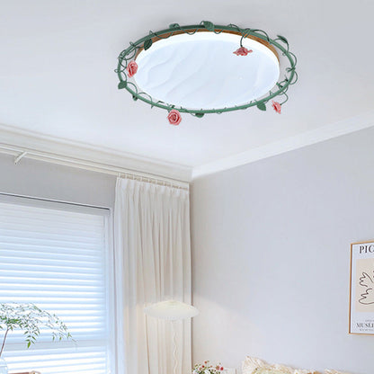 Contemporary Creative Round Rose Vine Rubberwood Base Iron Acrylic Ceramic LED Flush Mount Ceiling Light For Living Room