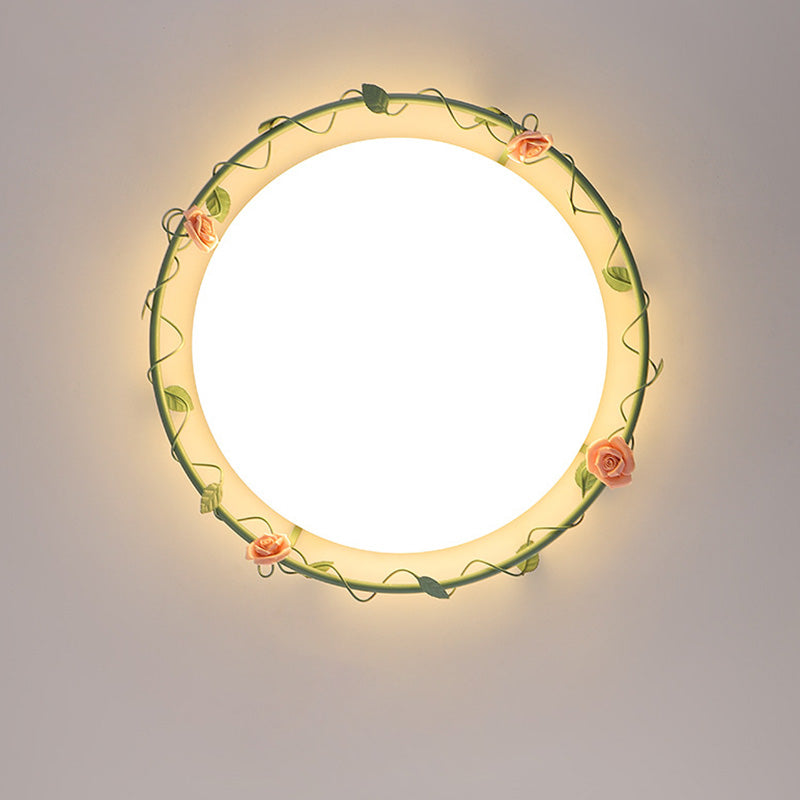 Contemporary Creative Round Rose Vine Rubberwood Base Iron Acrylic Ceramic LED Flush Mount Ceiling Light For Living Room