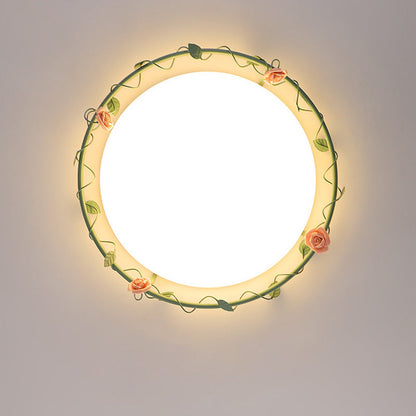 Contemporary Creative Round Rose Vine Rubberwood Base Iron Acrylic Ceramic LED Flush Mount Ceiling Light For Living Room