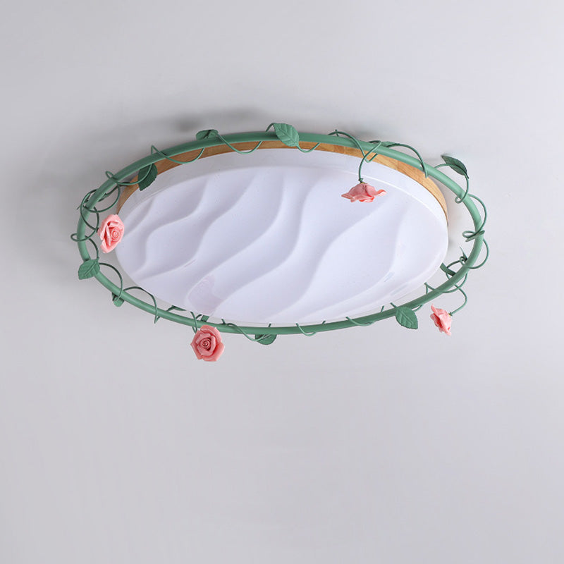 Contemporary Creative Round Rose Vine Rubberwood Base Iron Acrylic Ceramic LED Flush Mount Ceiling Light For Living Room