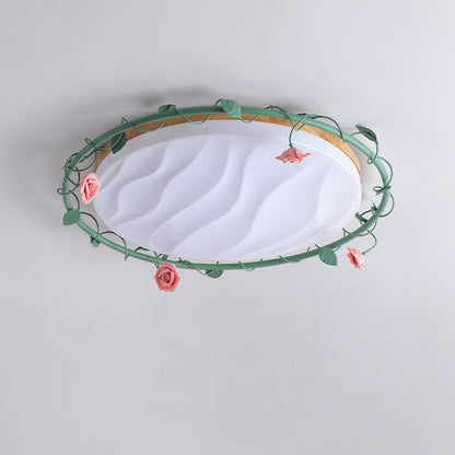 Contemporary Creative Round Rose Vine Rubberwood Base Iron Acrylic Ceramic LED Flush Mount Ceiling Light For Living Room