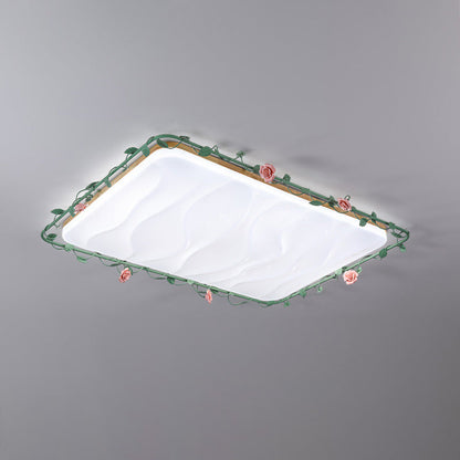 Contemporary Creative Square Rectangular Rose Vine Rubberwood Base Iron Acrylic Ceramic LED Flush Mount Ceiling Light For Living Room