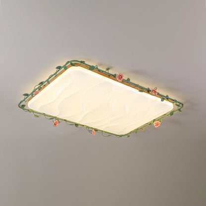 Contemporary Creative Square Rectangular Rose Vine Rubberwood Base Iron Acrylic Ceramic LED Flush Mount Ceiling Light For Living Room