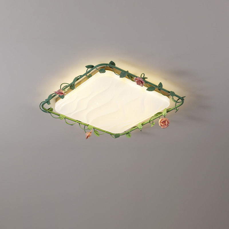 Contemporary Creative Square Rectangular Rose Vine Rubberwood Base Iron Acrylic Ceramic LED Flush Mount Ceiling Light For Living Room