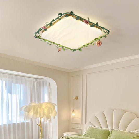 Contemporary Creative Square Rectangular Rose Vine Rubberwood Base Iron Acrylic Ceramic LED Flush Mount Ceiling Light For Living Room