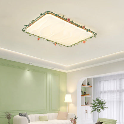 Contemporary Creative Square Rectangular Rose Vine Rubberwood Base Iron Acrylic Ceramic LED Flush Mount Ceiling Light For Living Room