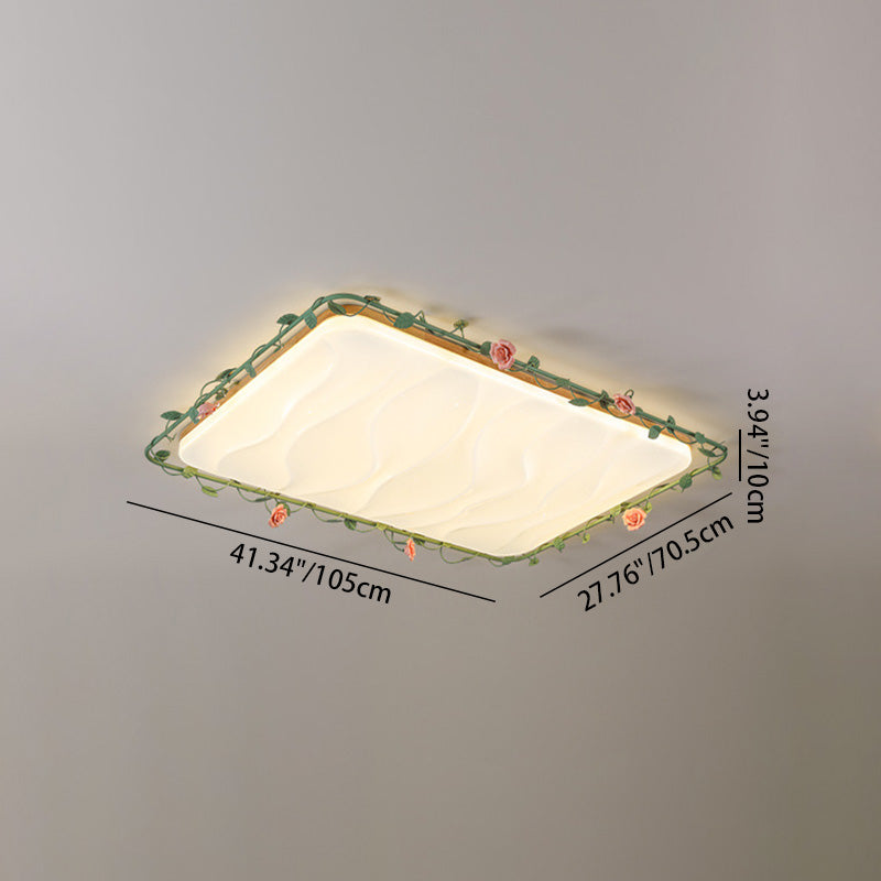Contemporary Creative Square Rectangular Rose Vine Rubberwood Base Iron Acrylic Ceramic LED Flush Mount Ceiling Light For Living Room