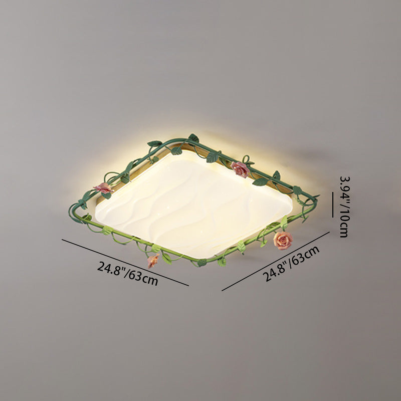 Contemporary Creative Square Rectangular Rose Vine Rubberwood Base Iron Acrylic Ceramic LED Flush Mount Ceiling Light For Living Room