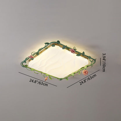Contemporary Creative Square Rectangular Rose Vine Rubberwood Base Iron Acrylic Ceramic LED Flush Mount Ceiling Light For Living Room
