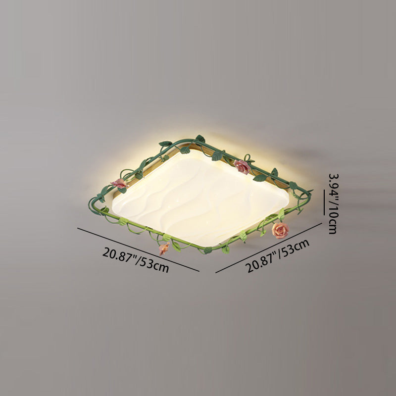Contemporary Creative Square Rectangular Rose Vine Rubberwood Base Iron Acrylic Ceramic LED Flush Mount Ceiling Light For Living Room