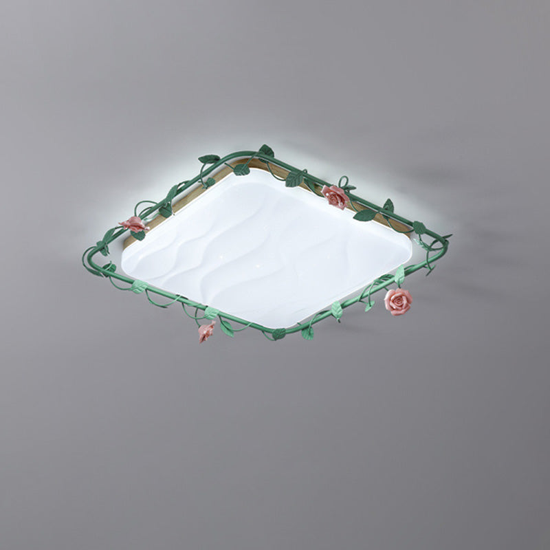 Contemporary Creative Square Rectangular Rose Vine Rubberwood Base Iron Acrylic Ceramic LED Flush Mount Ceiling Light For Living Room