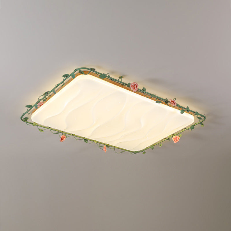 Contemporary Creative Square Rectangular Rose Vine Rubberwood Base Iron Acrylic Ceramic LED Flush Mount Ceiling Light For Living Room