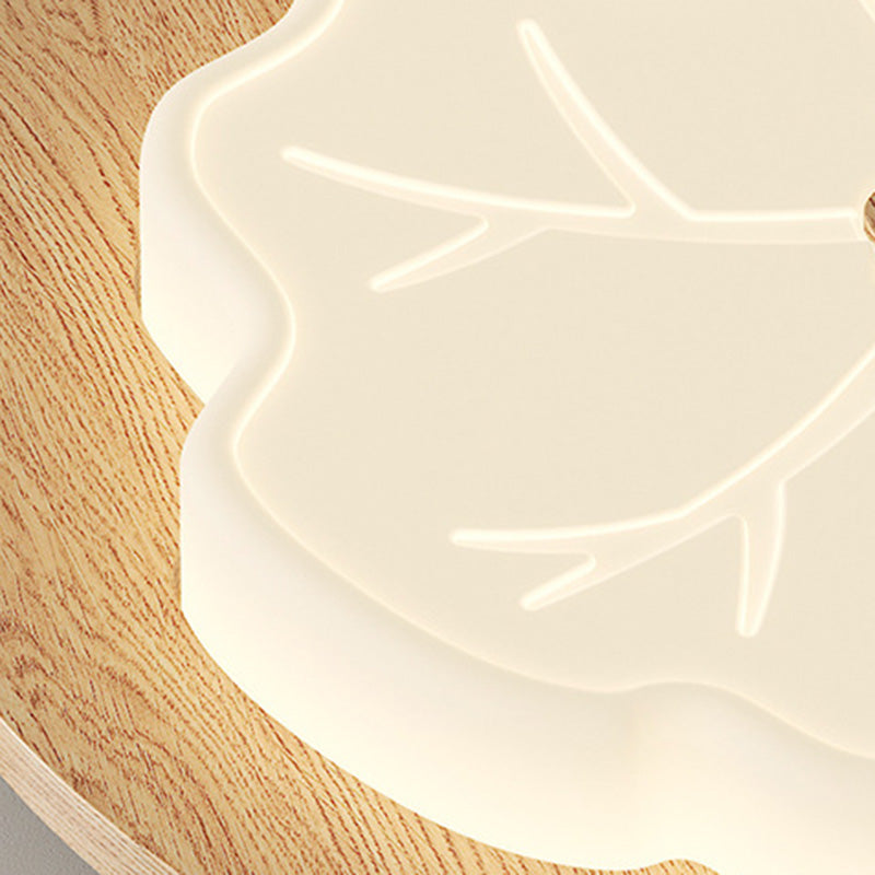 Contemporary Creative Lotus Leaf Rubberwood Base PE Shade LED Flush Mount Ceiling Light For Bedroom