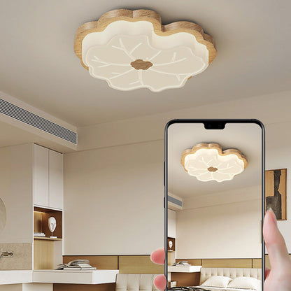 Contemporary Creative Lotus Leaf Rubberwood Base PE Shade LED Flush Mount Ceiling Light For Bedroom