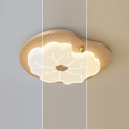 Contemporary Creative Lotus Leaf Rubberwood Base PE Shade LED Flush Mount Ceiling Light For Bedroom