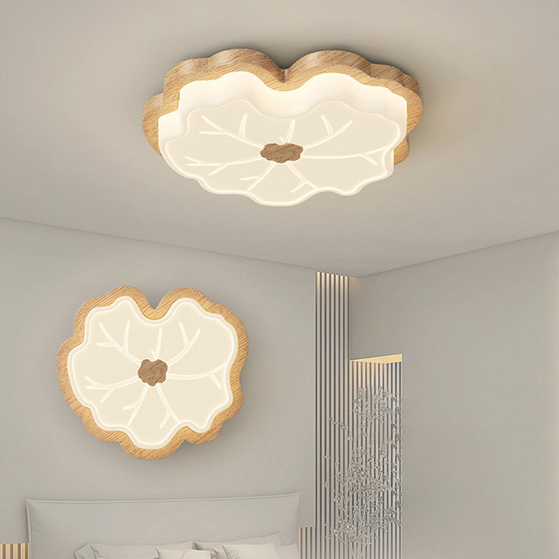 Contemporary Creative Lotus Leaf Rubberwood Base PE Shade LED Flush Mount Ceiling Light For Bedroom