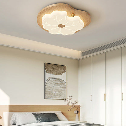 Contemporary Creative Lotus Leaf Rubberwood Base PE Shade LED Flush Mount Ceiling Light For Bedroom
