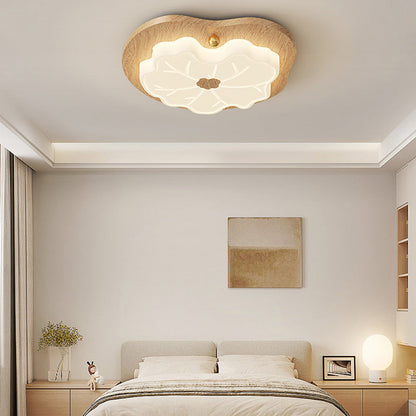Contemporary Creative Lotus Leaf Rubberwood Base PE Shade LED Flush Mount Ceiling Light For Bedroom
