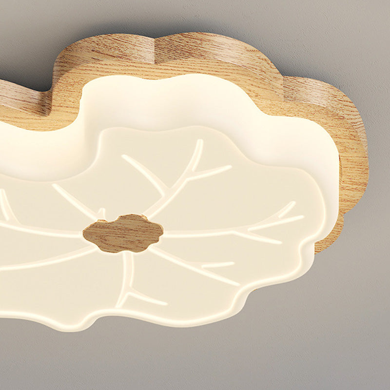 Contemporary Creative Lotus Leaf Rubberwood Base PE Shade LED Flush Mount Ceiling Light For Bedroom