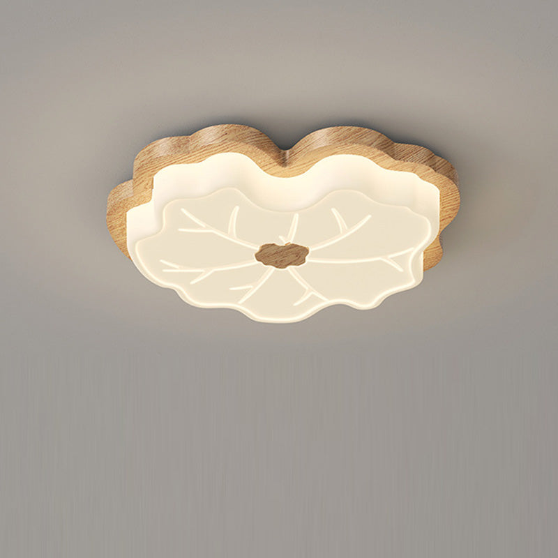 Contemporary Creative Lotus Leaf Rubberwood Base PE Shade LED Flush Mount Ceiling Light For Bedroom