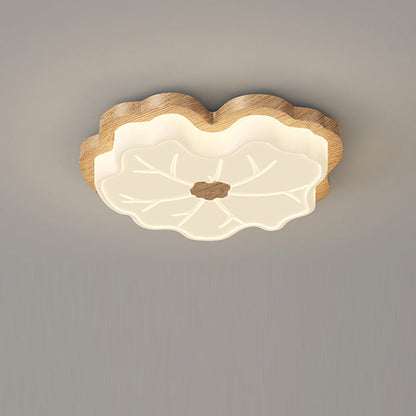 Contemporary Creative Lotus Leaf Rubberwood Base PE Shade LED Flush Mount Ceiling Light For Bedroom
