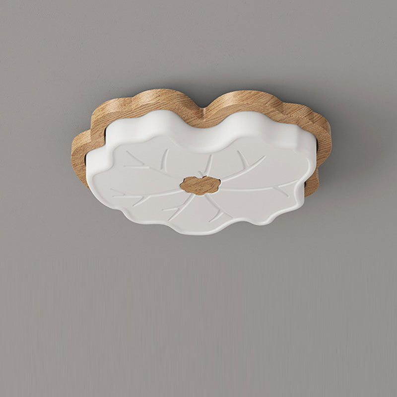 Contemporary Creative Lotus Leaf Rubberwood Base PE Shade LED Flush Mount Ceiling Light For Bedroom