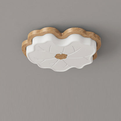 Contemporary Creative Lotus Leaf Rubberwood Base PE Shade LED Flush Mount Ceiling Light For Bedroom