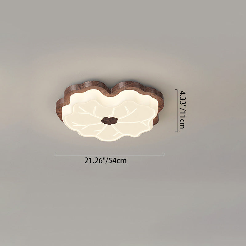 Contemporary Creative Lotus Leaf Rubberwood Base PE Shade LED Flush Mount Ceiling Light For Bedroom
