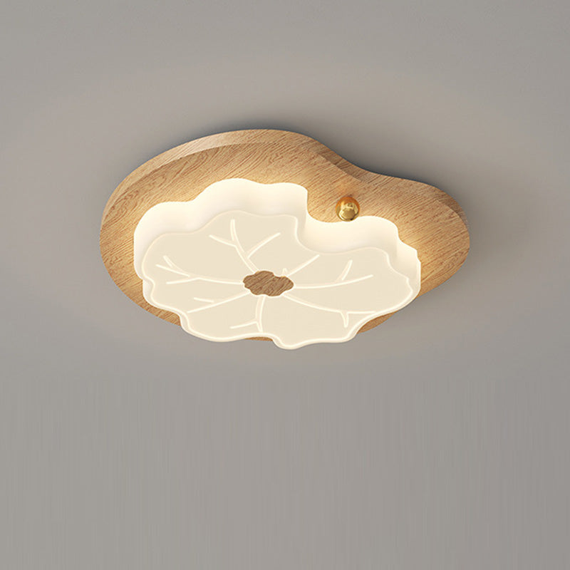 Contemporary Creative Lotus Leaf Rubberwood Base PE Shade LED Flush Mount Ceiling Light For Bedroom