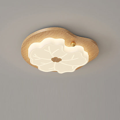 Contemporary Creative Lotus Leaf Rubberwood Base PE Shade LED Flush Mount Ceiling Light For Bedroom